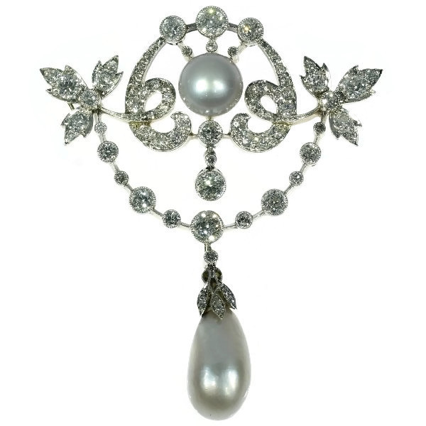 Belle Epoque diamond and pearl brooch pendant with big natural saltwater pearls